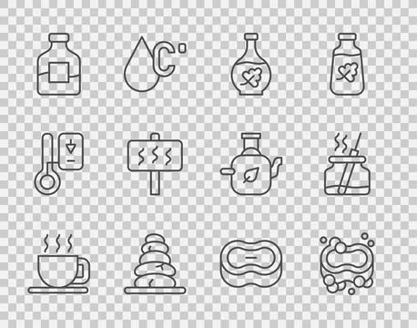 Set line Cup of tea, Bar soap, Essential oil bottle, Stack hot stones, Bott.. Stock Illustration