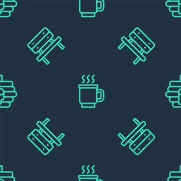 Set line Cup of tea, Bench and Hive for bees on seamless pattern. Vector Stock Illustration