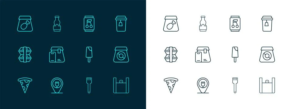 Set line Cup of tea, Cafe and restaurant location, Ice cream, Fork, Online .. Stock Illustration