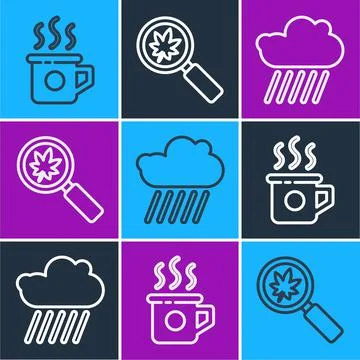 Set line Cup of tea, Cloud with rain and Magnifying glass with leaf icon. Vector Stock Illustration