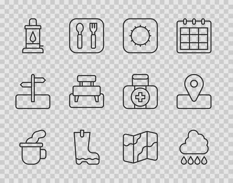 Set line Cup of tea, Cloud with rain, Sun, Waterproof rubber boot, Camping Stockillustratie
