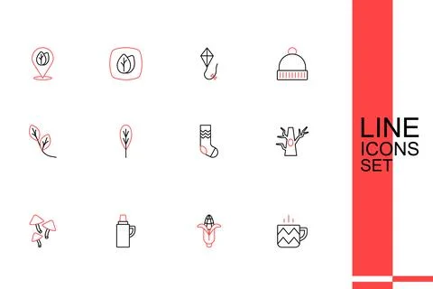 Set line Cup of tea, Corn, Thermos container, Mushroom, Bare tree, Socks, L.. Stock Illustration