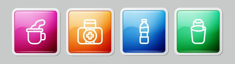 Set line Cup of tea, First aid kit, Bottle water and Bucket. Colorful square Stock Illustration
