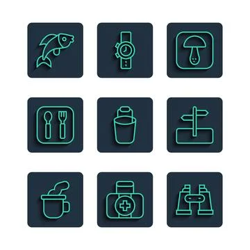 Set line Cup of tea, First aid kit, Binoculars, Mushroom, Bucket, Fork and spoon Stock Illustration