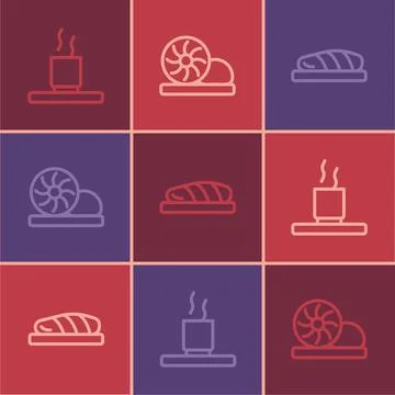Set line Cup of tea, Fish steak and Xiao long bao icon. Vector Illustrazione stock