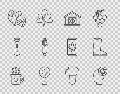 Set line Cup of tea, Human head with leaf, Farm house, Tree, Leaf or leaves.. Stock Illustration
