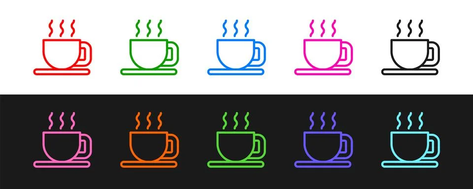 Set line Cup of tea icon isolated on black and white background.  Vector Stock Illustration