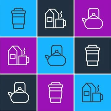 Set line Cup of tea, Kettle with handle and milk icon. Vector Illustration