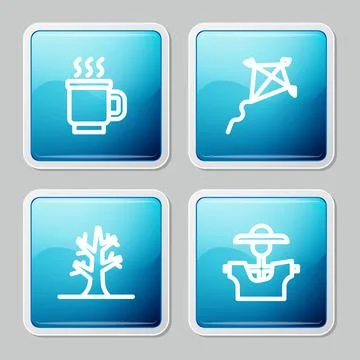 Set line Cup of tea, Kite, Bare tree and Scarecrow icon. Vector Stock Illustration
