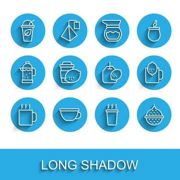 Set line Cup of tea, with leaf, Ball strainer, lemon, and Tea bag icon. Vector Stock Illustration