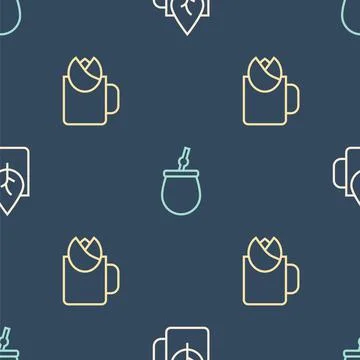 Set line Cup of tea with leaf, rose and Mate on seamless pattern. Vector Illustrazione stock