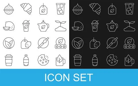 Set line Cup of tea with leaf, Tea, bag, Lemon, Ball strainer and Teapot ic.. Stock Illustration