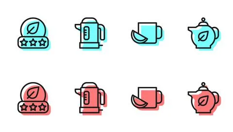 Set line Cup of tea with lemon, Tea leaf, Electric kettle and Teapot icon Stock Illustration
