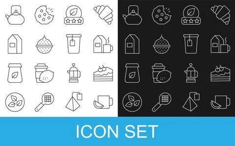 Set line Cup of tea with lemon, Piece cake, milk, Tea leaf, Ball strainer, Pa Stock Illustration