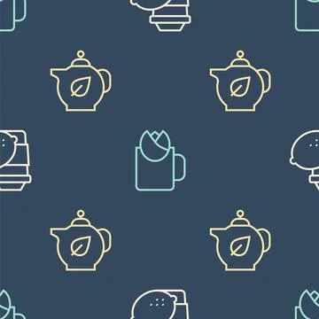 Set line Cup of tea with lemon, Teapot leaf and rose on seamless pattern. Vector Stock Illustration