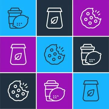 Set line Cup of tea with lemon, Cookie or biscuit and Tea packaging icon. Vector Illustrazione stock