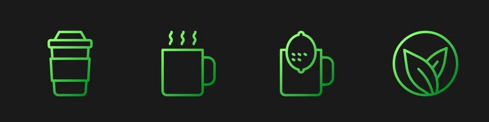 Set line Cup of tea with lemon,  and Tea leaf. Gradient color icons. Vector Illustrazione stock