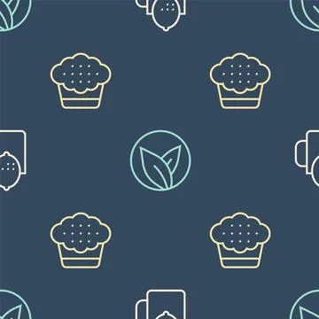 Set line Cup of tea with lemon, Muffin and Tea leaf on seamless pattern. Vect イラスト素材