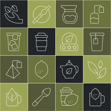 Set line Cup of tea with lemon, Tea leaf, bag, Teapot, Ice, in hand and  ic.. Stock Illustration