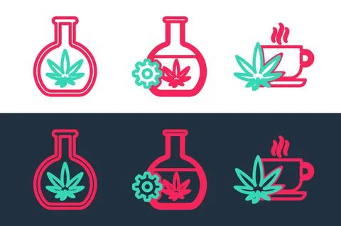 Set line Cup tea with marijuana, Test tube and icon. Vector Stock Illustration