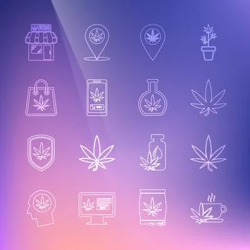 Set line Cup tea with marijuana, Marijuana or cannabis leaf, Location and Ilustración de archivo