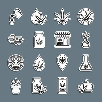 Set line Cup tea with marijuana, Test tube, Marijuana or cannabis leaf, Med.. Stock Illustration