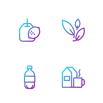 Set line Cup of tea with milk, Bottle water, Tea bag lemon and leaf. Gradient Stock-Illustration