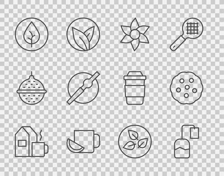Set line Cup of tea with milk, Tea bag, Flower, lemon, leaf, Cigarette,  an.. Stock Illustration