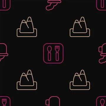Set line Cup of tea, Mountains and Fork and spoon on seamless pattern. Vector Stock Illustration