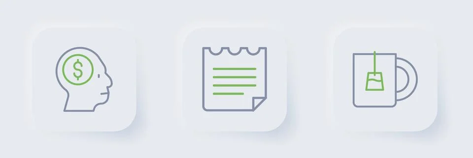 Set line Cup of tea, Notebook and Business man planning mind icon. Vector Stock Illustration