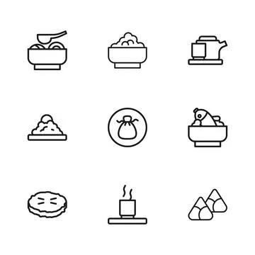 Set line Cup of tea, Rice with fish in bowl, Zongzi bamboo steamer, Wonton,.. Stock Illustration