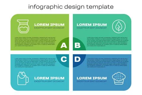 Set line Cup of tea with rose, Teapot, Muffin and leaf. Business infographic Stock Illustration