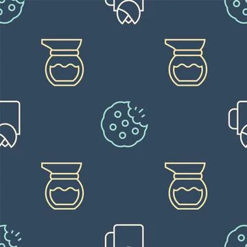 Set line Cup of tea with rose, Teapot and Cookie or biscuit on seamless pattern Illustrazione stock