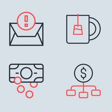 Set line Cup of tea, Stacks paper money cash, Hierarchy with dollar and Env.. Stock Illustration