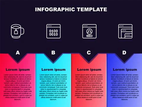 Set line Cup of tea with tea bag, Binary code, Create account screen and Stock Illustration