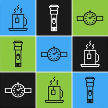 Set line Cup of tea with tea bag, Wrist watch and Flashlight icon. Vector Stock Illustration