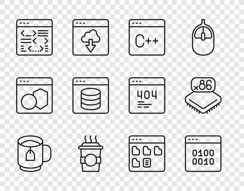 Set line Cup of tea with tea bag, Binary code, Software, Coffee cup to go Stock Illustration