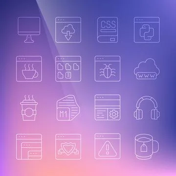 Set line Cup of tea with tea bag, Headphones, Web development, Books about Stockillustratie