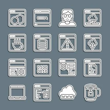 Set line Cup of tea with tea bag, Software, Cloud technology data transfer Stock Illustration