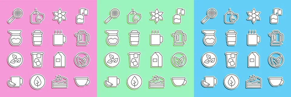 Set line Cup of tea, Tea leaf, Electric kettle, Flower, Teapot, strainer with Illustration