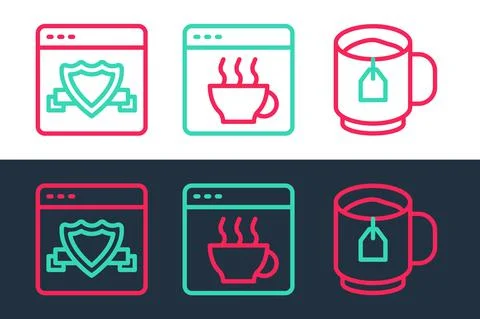 Set line Cup of tea with tea bag, Browser shield and Software icon. Vector Ilustração Stock
