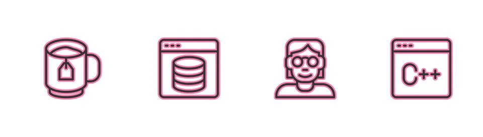 Set line Cup of tea with tea bag, Hacker or coder, Server, Data, Web Hosting and 库存插图