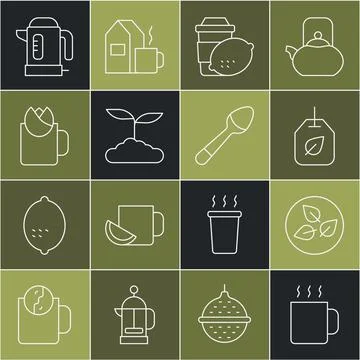 Set line Cup of tea, Tea leaf, bag with, lemon, rose, Electric kettle and Illustration
