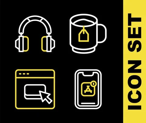 Set line Cup of tea with tea bag, Mobile Apps, Browser files and Headphones icon Stockillustratie