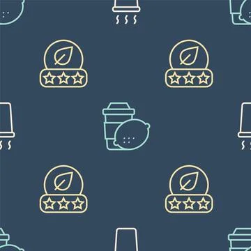 Set line Cup of tea, Tea leaf and with lemon on seamless pattern. Vector Illustrazione stock