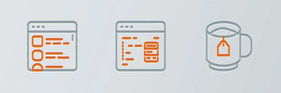 Set line Cup of tea with tea bag, Browser files and Software icon. Vector Stock Illustration
