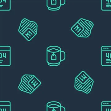 Set line Cup of tea with tea bag, Processor and Page 404 error on seamless Stock Illustration
