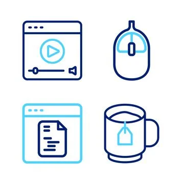 Set line Cup of tea with tea bag, Software, Computer mouse and Online play .. Illustrazione stock