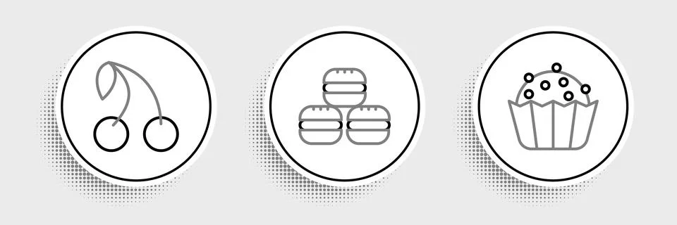 Set line Cupcake, Cherry and Macaron cookie icon. Vector Stock Illustration