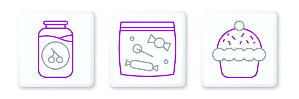 Set line Cupcake, Cherry jam jar and Candy packaging for sweets icon. Vector Stock Illustration